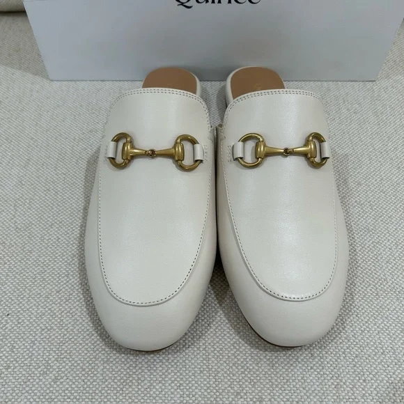 Quince Bone White Italian Leather Mules Classic Gold Horsebit Slides Size 7 - Picture 3 of 11